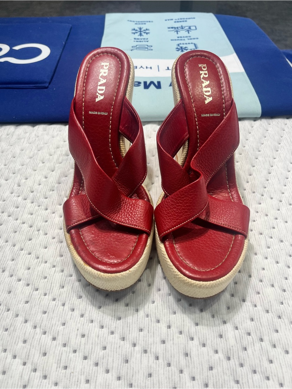 Prada Red Leather Crisscross Wedge Sandals with Espadrille Sole